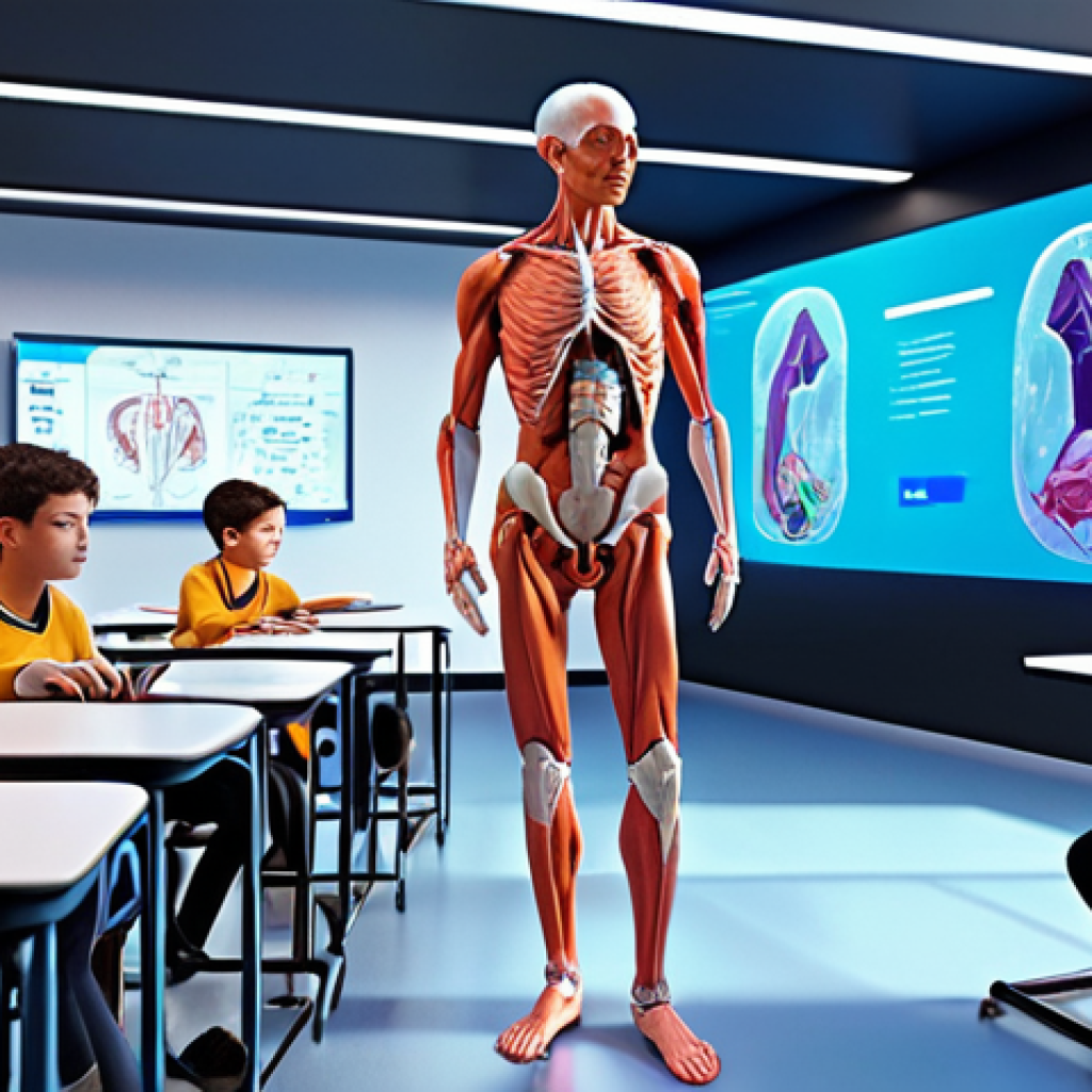 **Immersive Virtual Learning Environment in Metaverse:**  A vibrant, futuristic scene inside a metaverse classroom, with students interacting with a 3D anatomical model.  Focus on technology, bright colors, and a sense of wonder.