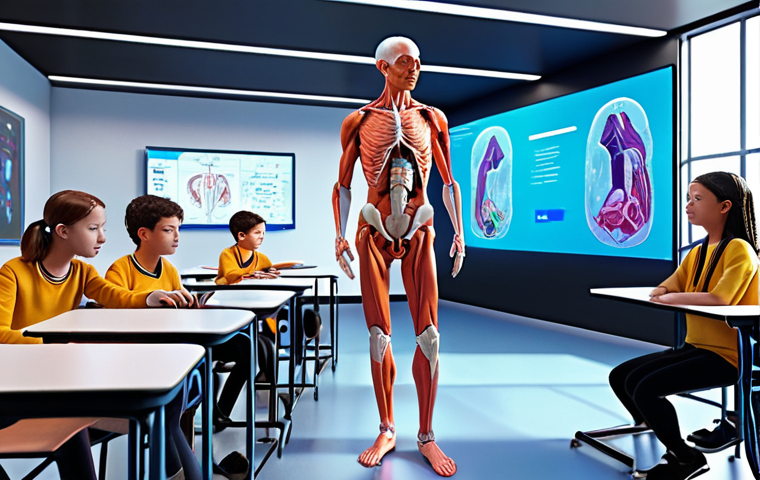**Immersive Virtual Learning Environment in Metaverse:**  A vibrant, futuristic scene inside a metaverse classroom, with students interacting with a 3D anatomical model.  Focus on technology, bright colors, and a sense of wonder.