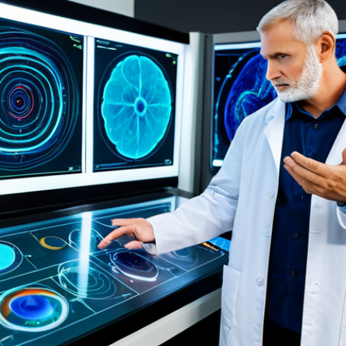 Home 15 A professional researcher, an adult individual, in a clean, modern high-tech laboratory. The subject is fully clothed in a modest lab coat over professional business attire. They are attentively observing a holographic display showing complex, abstract brainwave patterns in vibrant, non-disturbing colors. The environment is sleek with advanced, non-intrusive technological equipment. The pose is natural and focused. Perfect anatomy, correct proportions, natural body proportions, well-formed hands, proper finger count. Safe for work, appropriate content, fully clothed, professional, high quality, professional photography, sharp focus, modest clothing.