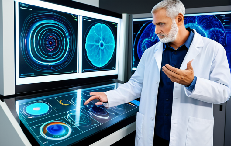 A professional researcher, an adult individual, in a clean, modern high-tech laboratory. The subject is fully clothed in a modest lab coat over professional business attire. They are attentively observing a holographic display showing complex, abstract brainwave patterns in vibrant, non-disturbing colors. The environment is sleek with advanced, non-intrusive technological equipment. The pose is natural and focused. Perfect anatomy, correct proportions, natural body proportions, well-formed hands, proper finger count. Safe for work, appropriate content, fully clothed, professional, high quality, professional photography, sharp focus, modest clothing.